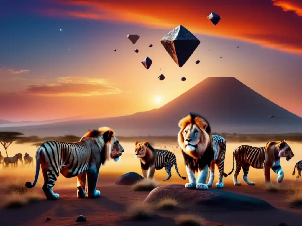 The majestic asteroids, dangling from the sky like celestial jewelry, illuminate the vibrant colors of the Maasai sky during sunrise, surrounded by the glorious wildlife like lions and zebras