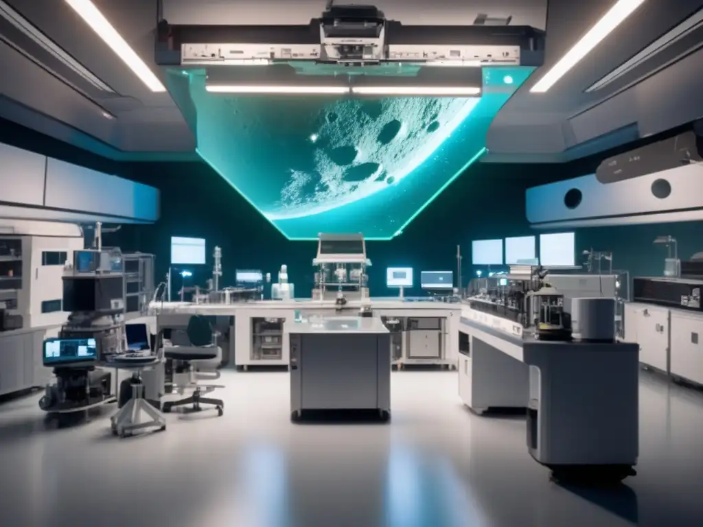 Detailed image of astronomers studying asteroid Menestheus in a sterile industrial lab setting