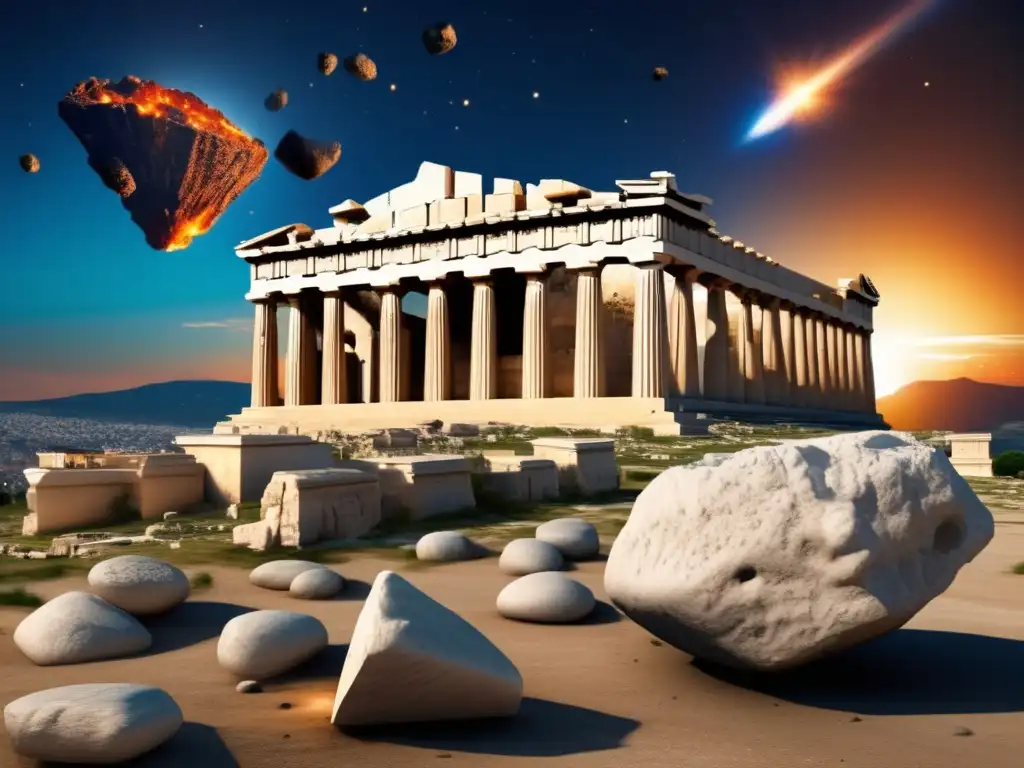 A photorealistic image of the asteroids Thetus and Phoenicia colliding into ancient Athens, with the ruins of the Parthenon in the background