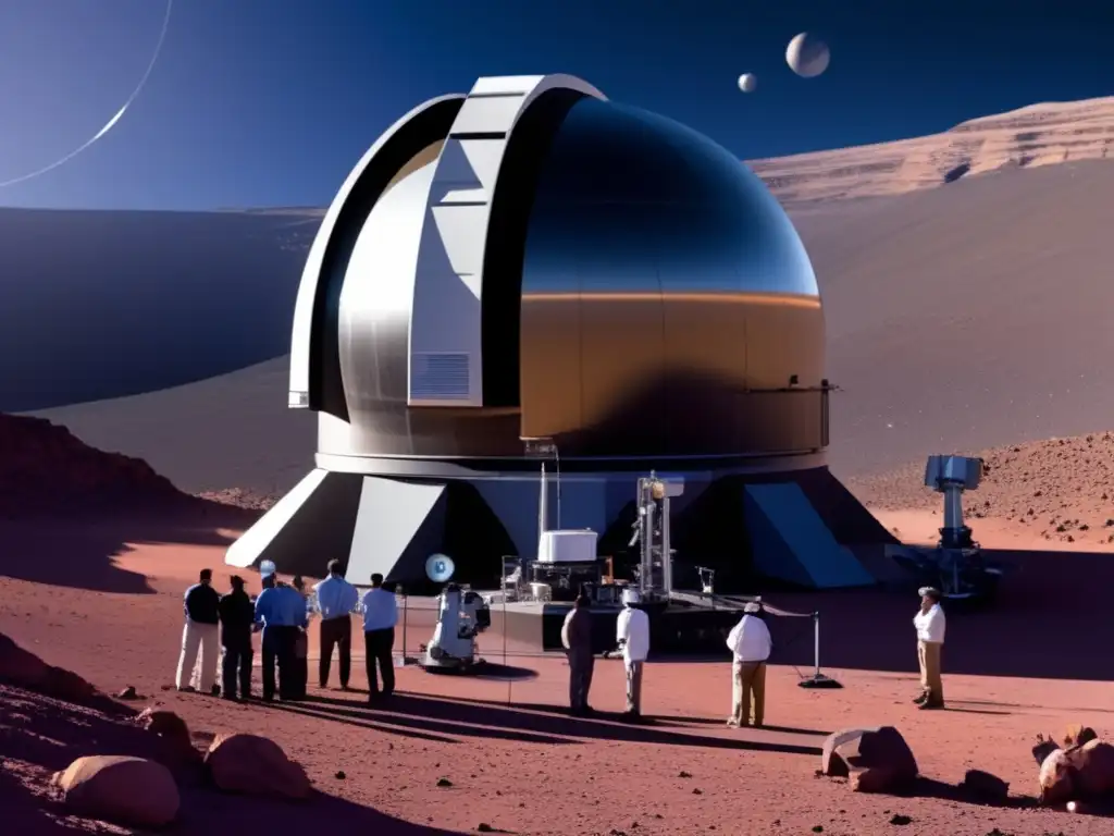 A colossal telescope stands guard in the foreground, its dome casting a long shadow over the desolate landscape