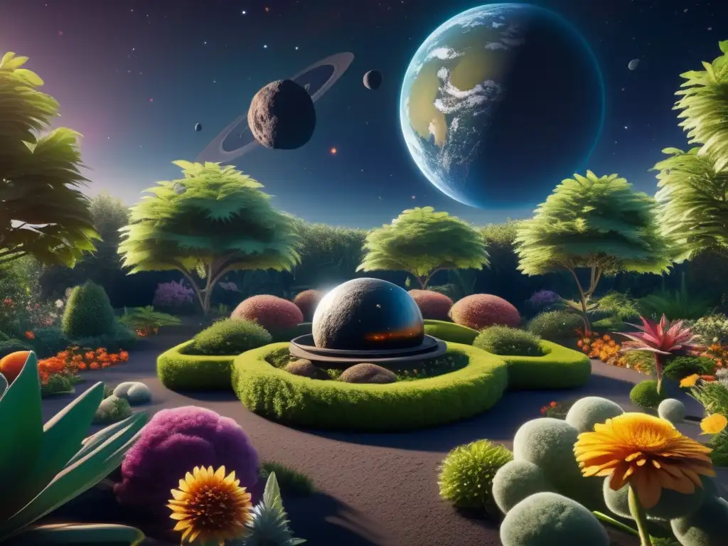 A photorealistic image of a space garden in a cosmic environment