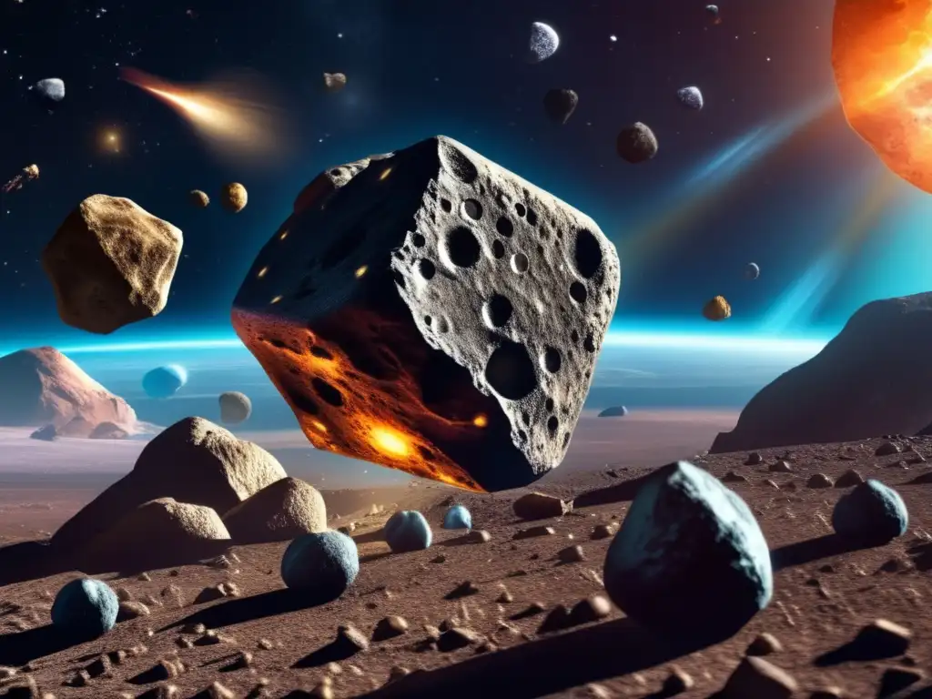 A photorealistic image of various asteroids carrying insectoid lifeforms across the universe, with a metallic sheen on the asteroid's surface and galaxies and nebulae in the background, capturing the futuristic beauty of the concept of asteroid seeding