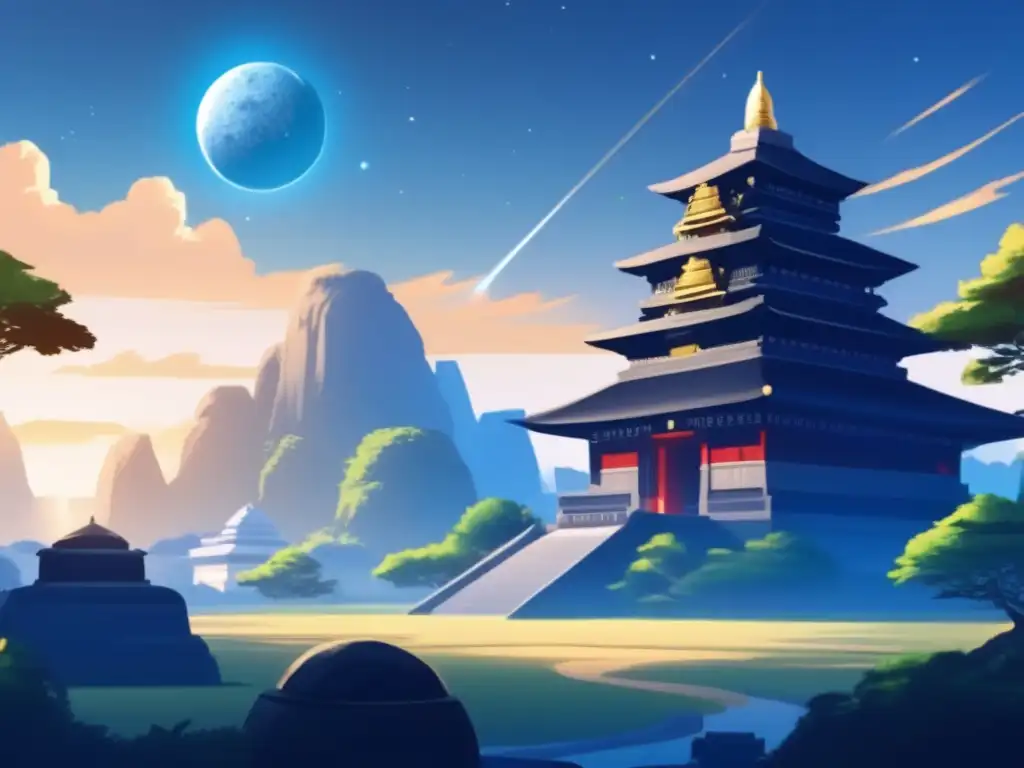 Temple guarded by looming asteroid in serene photo-realistic scene