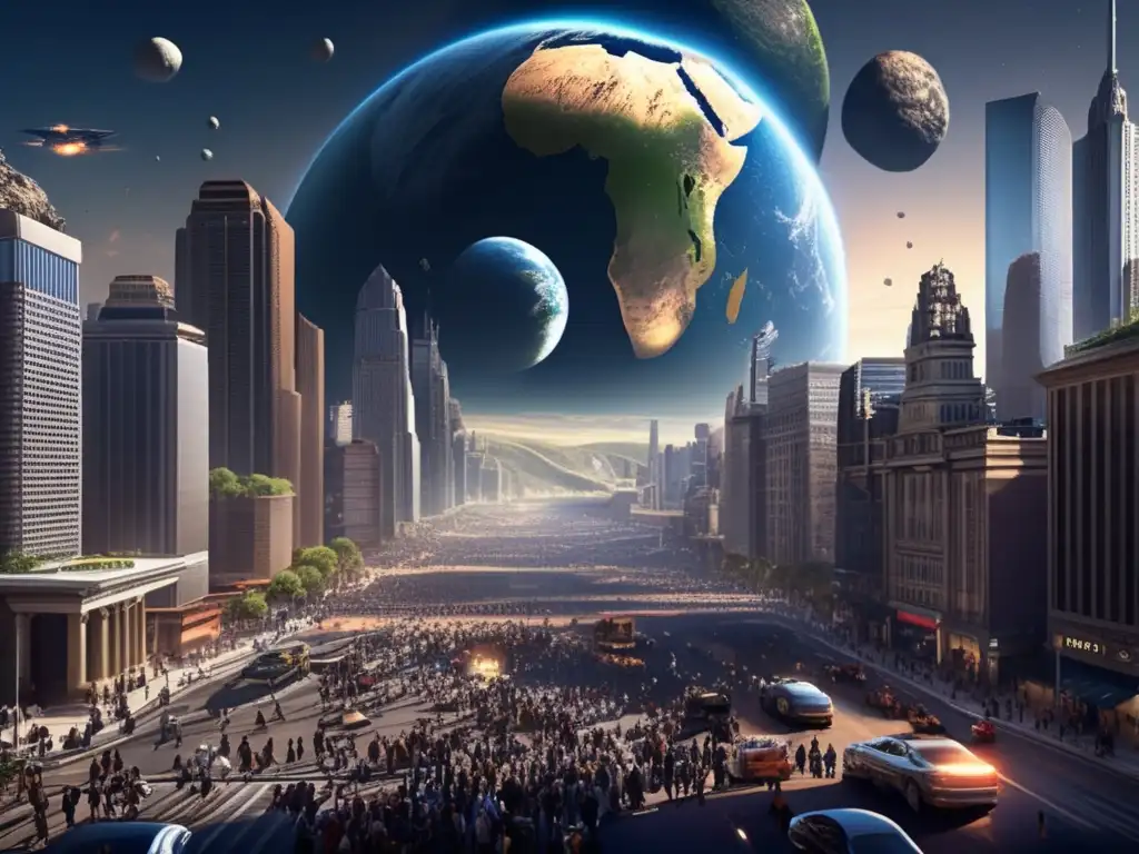 A photorealistic image of Earth's chaotic landscape, with busy cities, towering skyscrapers, and buzzing transportation systems in the foreground