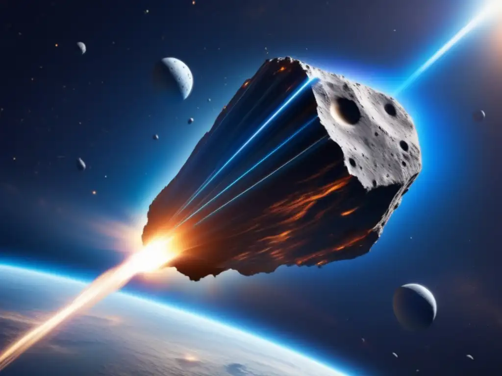 A breathtaking photorealistic image captures an asteroid being deflected away from Earth by a massive space shield