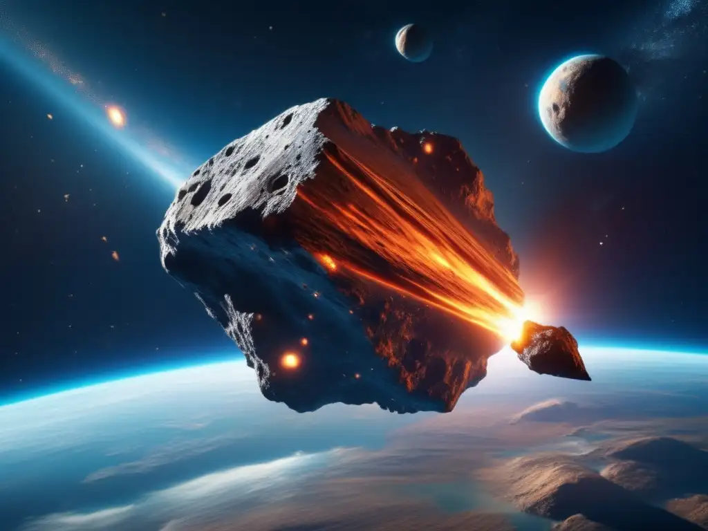 An image of an asteroid zooming through space, its jagged surface glistening in the light of a distant planet