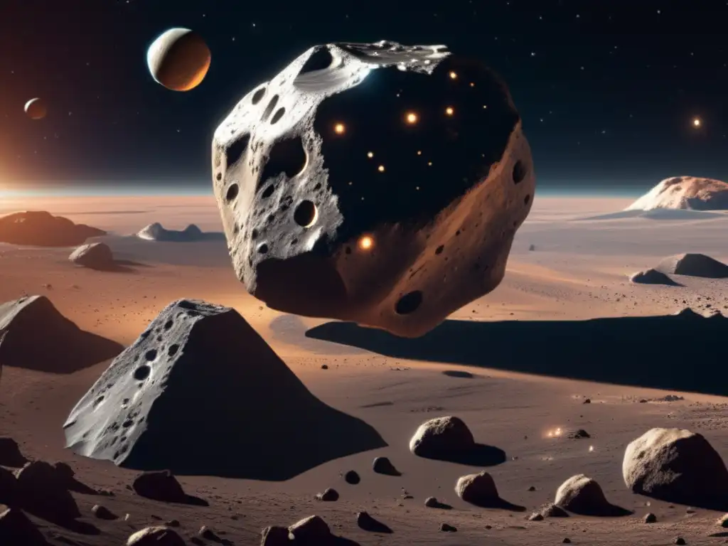 An asteroid looms menacingly, its jagged rocks and craters starkly contrasting with the sleek and streamlined design of the spacecraft docked to its surface