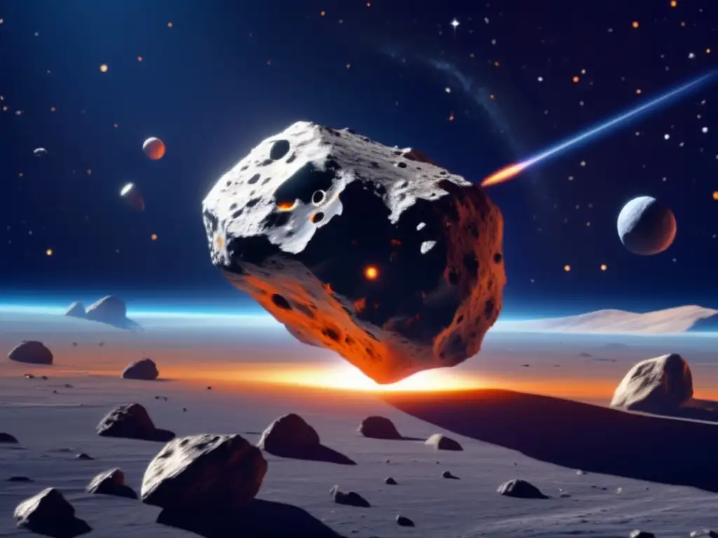 A fragmented, jagged asteroid looms in the darkness of space, while a sleek spacecraft maneuvers closely past it