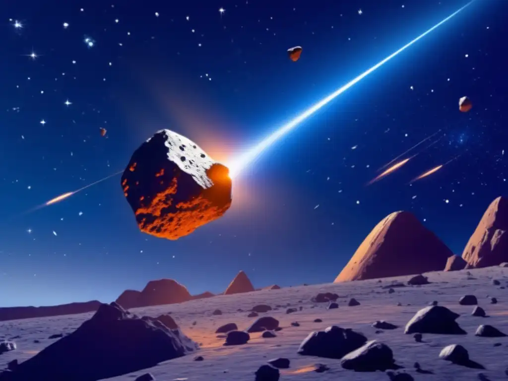 Dash-A breathtaking photo of a spacecraft soaring through space, illuminated by white light as it passes by an awe-inspiring asteroid field