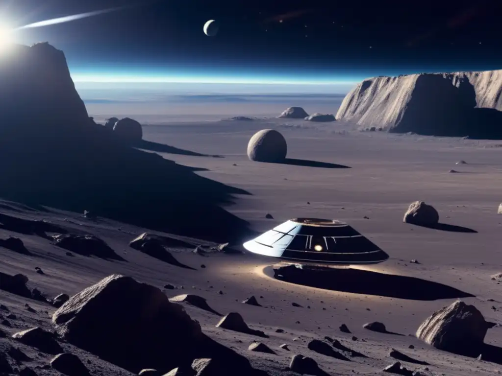 A lonesome spacecraft floats above a barren asteroid landscape filled with sharp craters and jagged cliffs, glistening with sunlight in the background