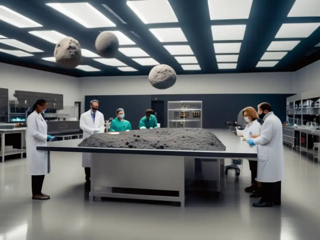 A sleek, modern lab filled with white-coated scientists analyzing an enormous asteroid resembling a basketball