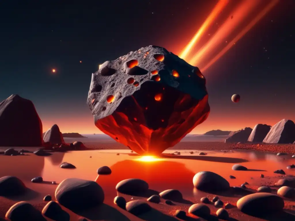 A photorealistic depiction of an asteroid, illuminated by an orangered glow emanating from its rugged surface