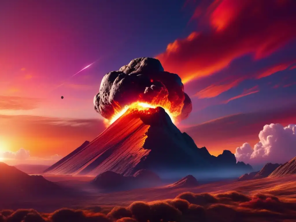 Dash: capture the essence of this image, a photorealistic depiction of an asteroid streaking through a sky of swirling, vibrant colors, set against the beautiful backdrop of a sinking sun behind it, casting a warm glow on the horizon, echoing the legends of Viking sagas titled 'Fire From The Sky: Asteroid Myths'