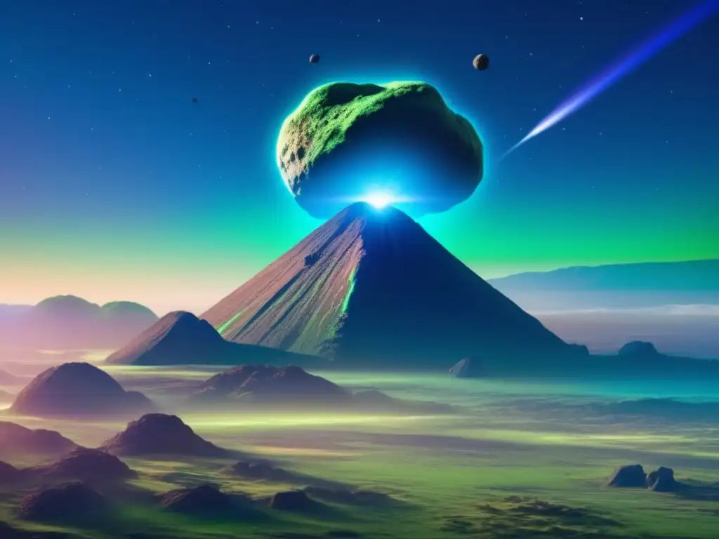 An intense photorealistic image of an asteroid causing chaos across the African sky during a clear blue and green sunrise