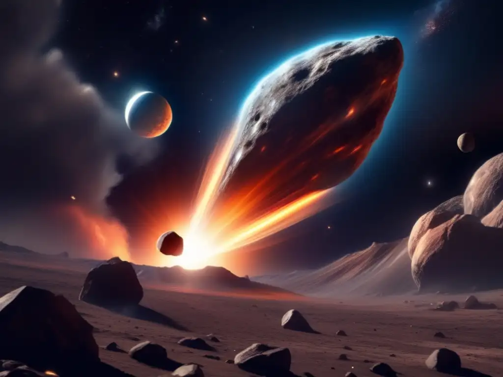 A brilliant, fiery asteroid burns a bright trail through the abyss, casting shockwaves and debris in its path