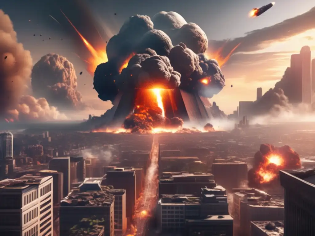 A terrifying asteroid impact destroys a city, crumbling buildings, exploding cars, and causing chaos in the streets