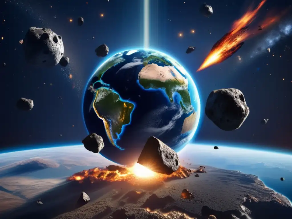 A photorealistic depiction of Earth in peril, with asteroids raining down and debris flying in every direction