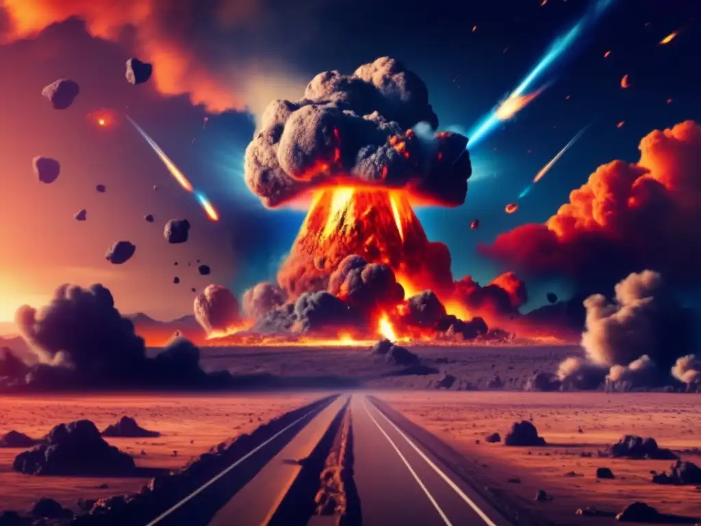 The Day the Sky Burned: A photorealistic depiction of a massive asteroid strike on Earth's surface, with craters, flames, smoke, and debris
