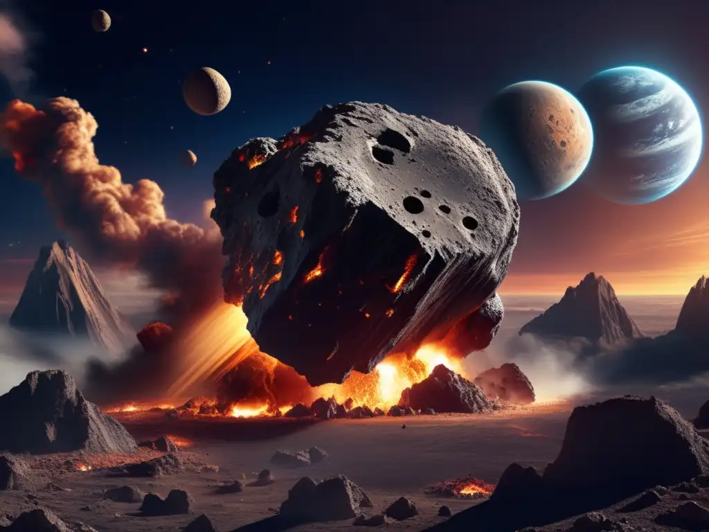 An astronomical wonder in our galaxy, a colossal asteroid speeds towards a helpless planet with a catastrophic collision in sight, leaving a dramatic crater and debris scattered across the planet's surface, engulfing it in cloudy destruction and devastation