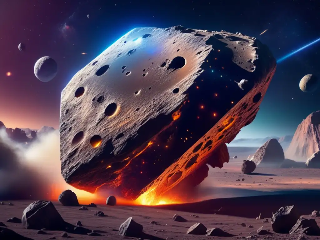 A mesmerizing photorealistic depiction of a gargantuan asteroid encircled by a nebulous sea of cosmic debris, exuding intricate fractures and rich surface details