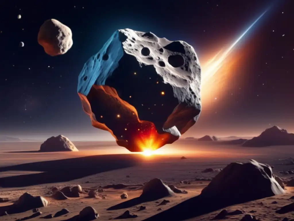 An artist's depiction of an asteroid in the deep expanse of space, with jagged surfaces and bright spots, holds the potential for undiscovered secrets, with the promise of knowledge just out of reach