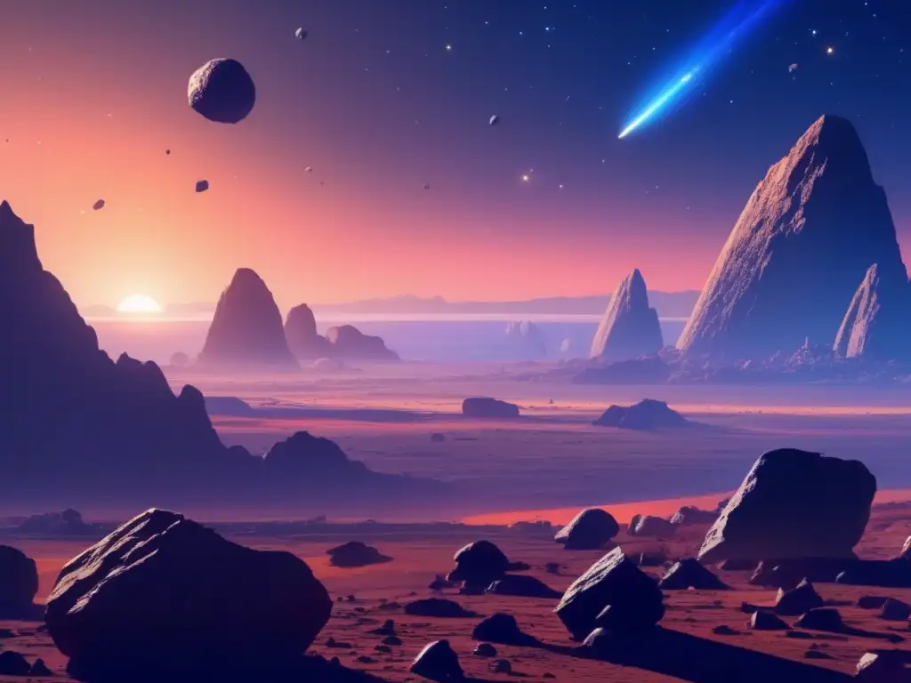 The vast, serene landscape is dwarfed by the awe-inspiring cluster of asteroids visible in the upper sky, each glowing brightly as the sun sets