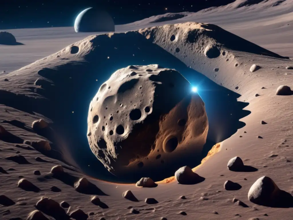 An immersive photorealistic rendering of a close-up asteroid depicts rugged terrain, profound craters, and primitive rock formations