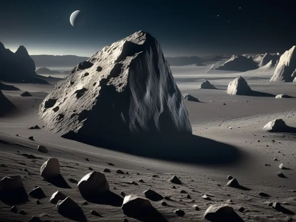 A photorealistic depiction of an asteroid's rough, jagged surface at high magnification, showcasing the visibility of jagged cliffs and craters