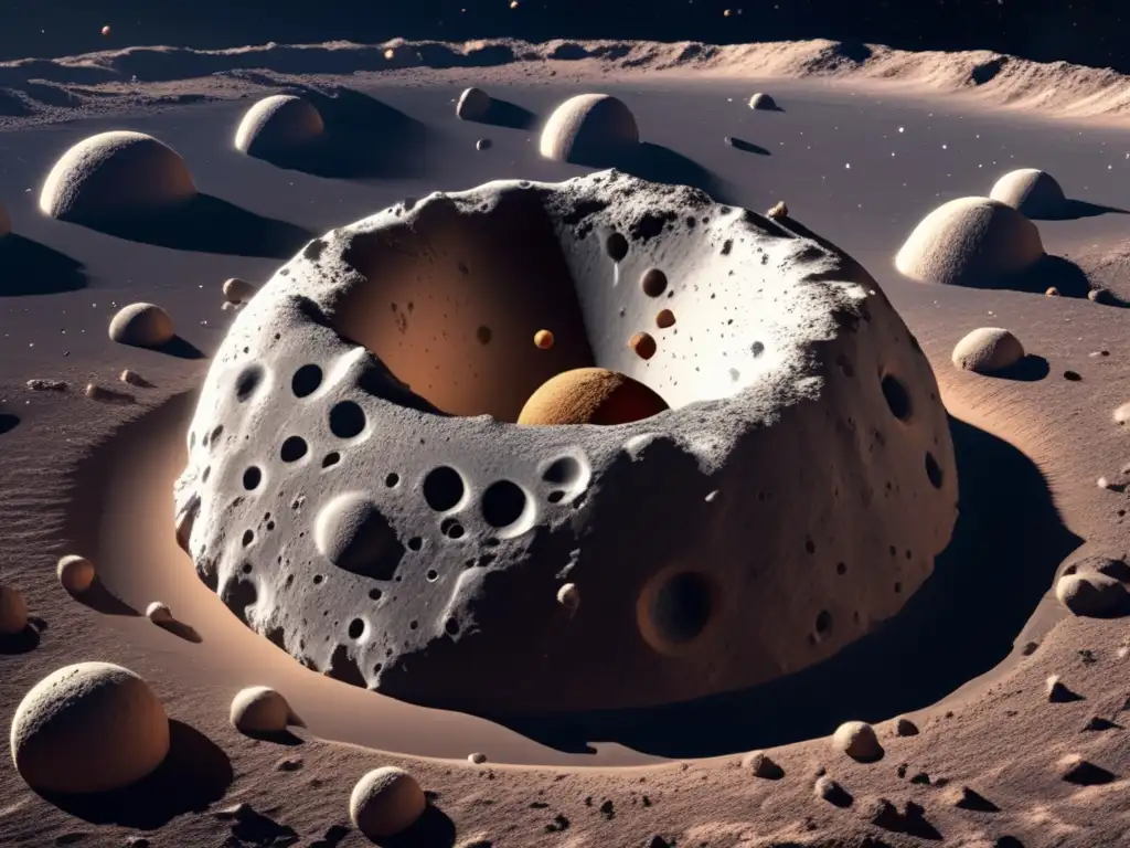 A photorealistic closeup of an asteroid's surface, with deep craters and regolith formations, against a backdrop of infinite outer space