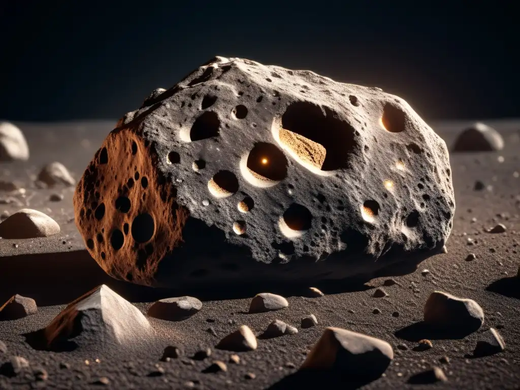 A breathtaking closeup of an asteroid, with intricate details of its surface, including craters and rocks, against a black background, enhanced by subtle lighting to bring out the realism