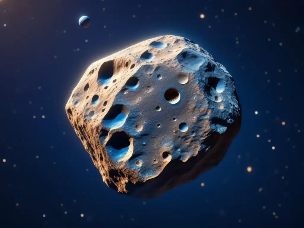 A mesmerizing asteroid with intricate surface patterns, seen from above against a deep blue cosmic backdrop