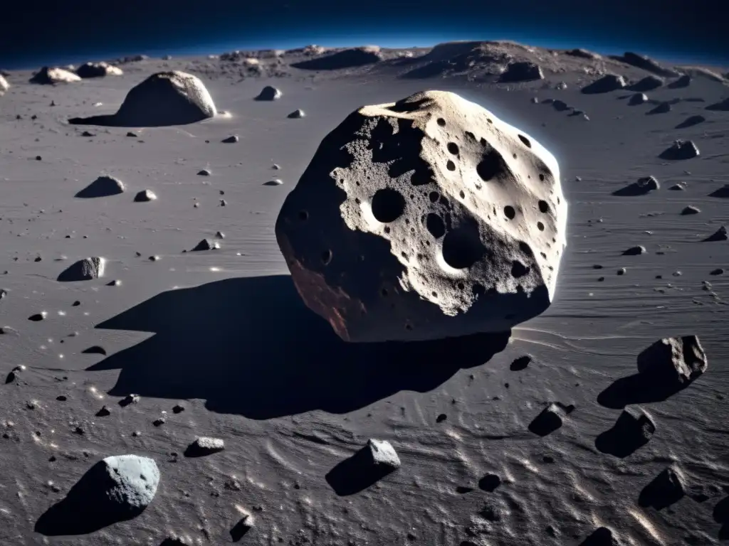 A captivating closeup of an asteroid, its jagged surface boasting intricate textures and patterns against a dark background with a subtle bluish tint