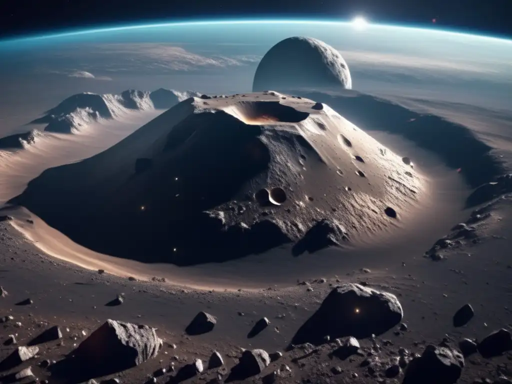 Stunning, high-resolution photo of an industrial asteroid surface, featuring sharp contrasts between light and dark areas