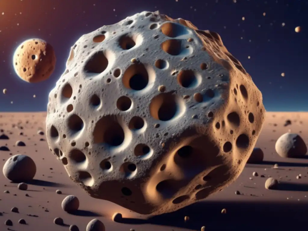 An intricate 3D model of a massive asteroid, pockmarked with complex craters, simulates the celestial surface
