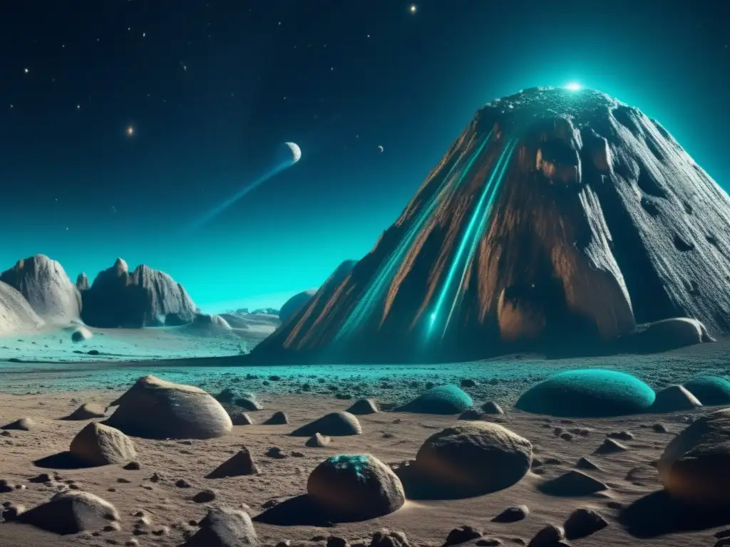 Marvelous asteroid close-up, revealing intricate and vibrant turquoise rock formations and flora through photorealistic techniques, capturing celestial beauty