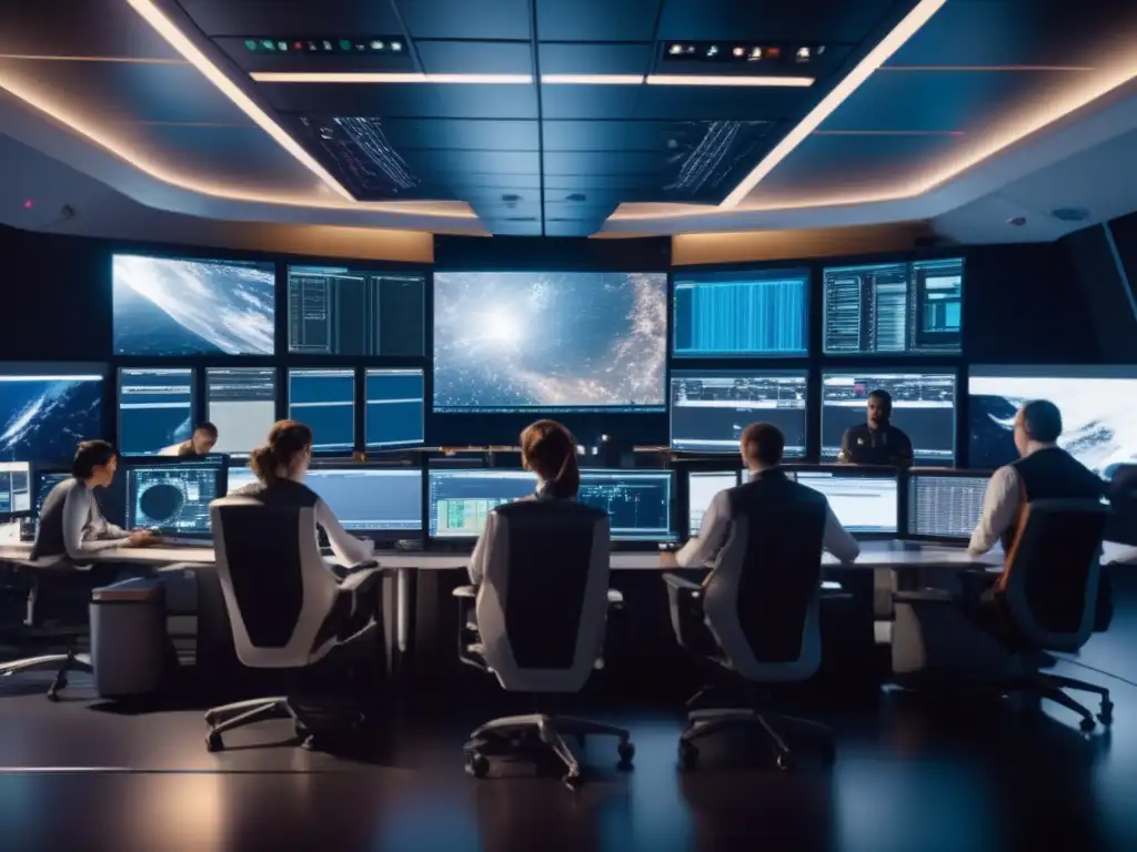 A room filled with screens and tech-savvy minds focused intently on a mission, tracking a deadly asteroid hurtling towards Earth