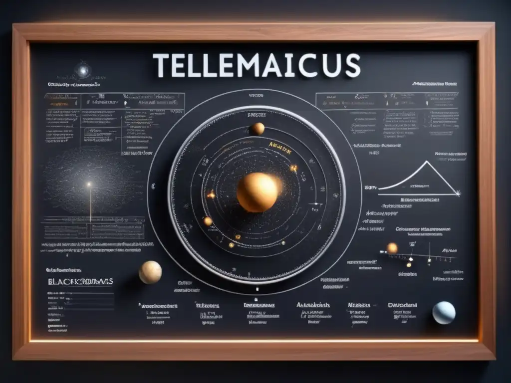 A photorealistic depiction of a framed blackboard filled with intricate details related to asteroid Telemachus