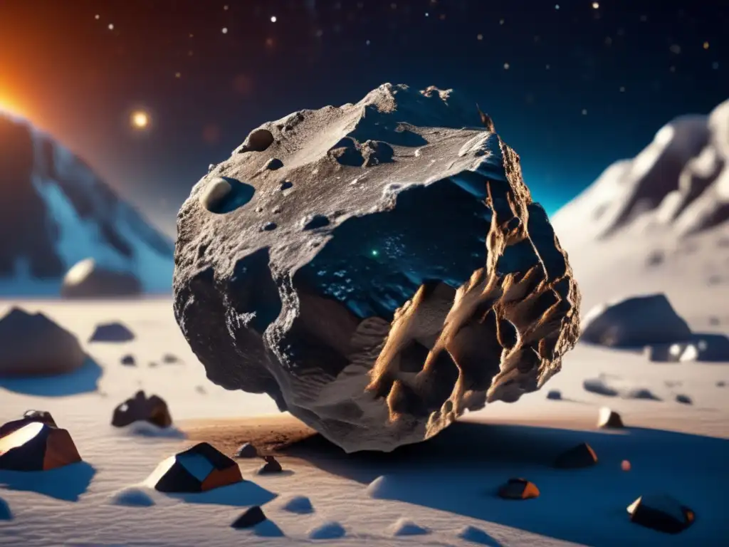 A striking photorealistic depiction of an asteroid's icy surface, captured through a telescope