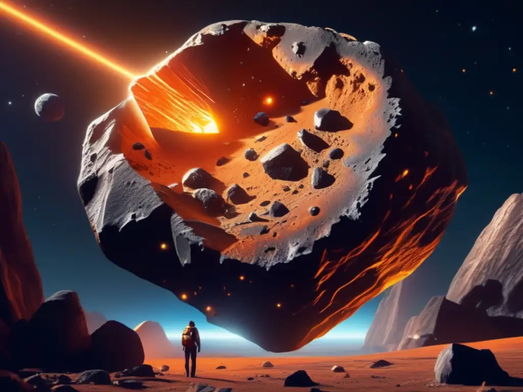 A large asteroid with intricate surface patterns and deep chasms, the rocky texture and jagged edges of the composition shining in a warm orange glow