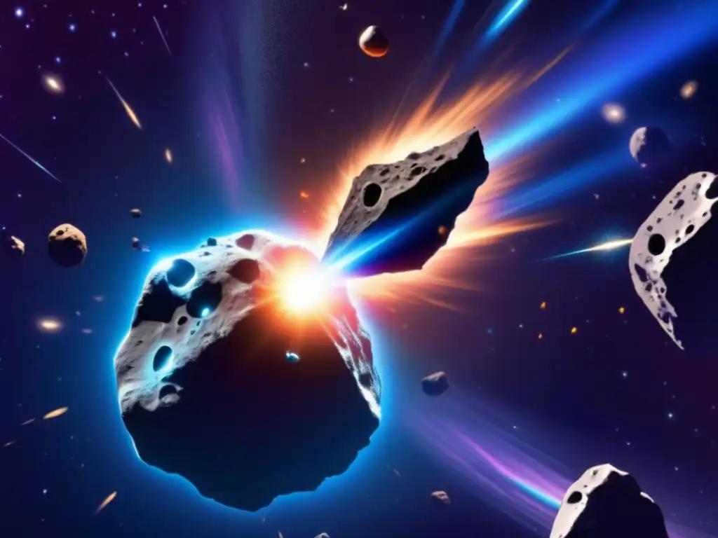 A stunning and detailed photograph of asteroid Themis, with its iridescent blue surface reflecting the light emanating from the foreground black hole