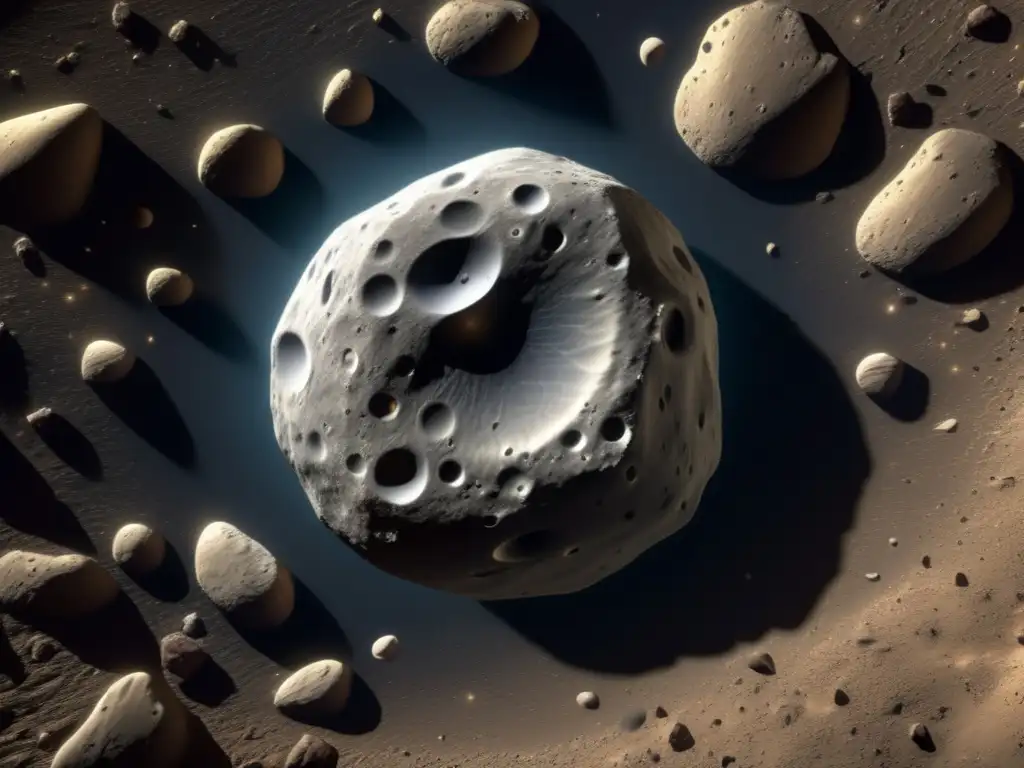 A stunning, highly detailed, photorealistic image of astronomical object Thisbe, rotating above, showcasing its rough textured surface, scattered rocks and debris, and closeup view of its composition