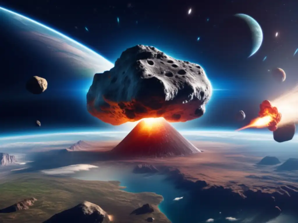 A highly photorealistic image of a large asteroid hovering above Earth, with an impending danger sense visible in its atmosphere