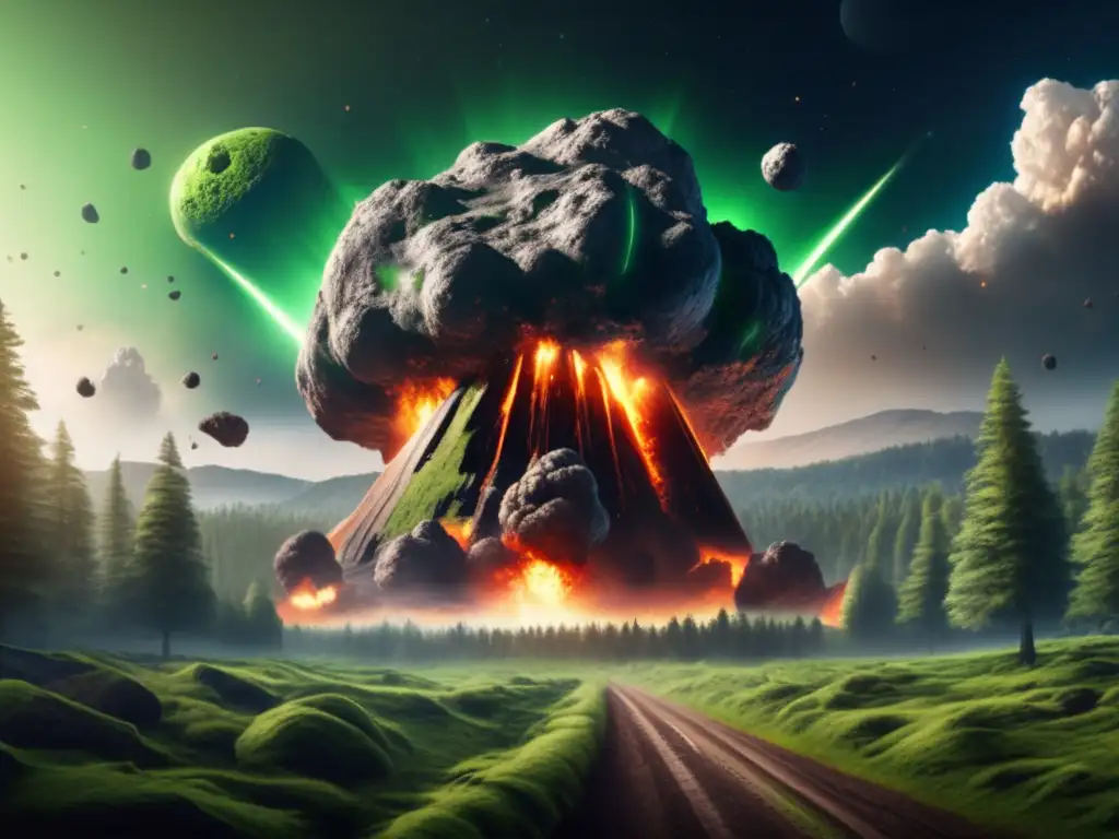 A stunning photorealistic image of a massive asteroid hurtling towards Earth, with a lush green forest in the background