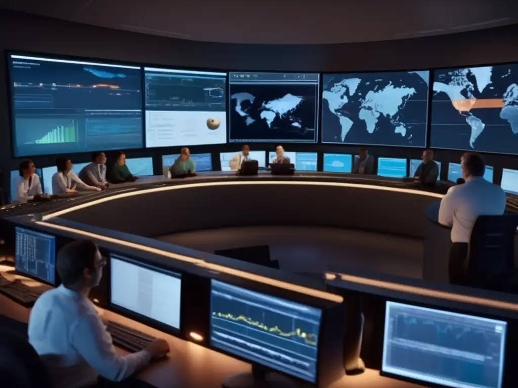 Scientists in control room studying intricate asteroid trajectory data with intense focus