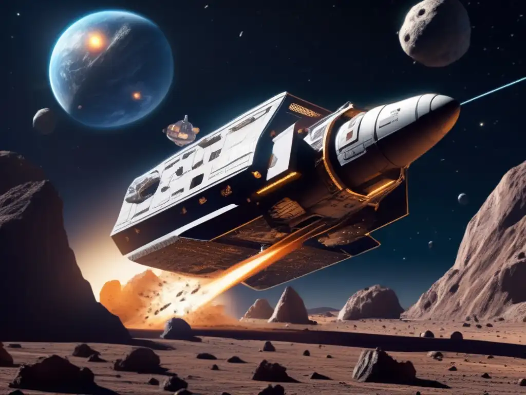 Photorealistic illustration depicts a spaceship using gravity tractor to deflect an impending asteroid collision