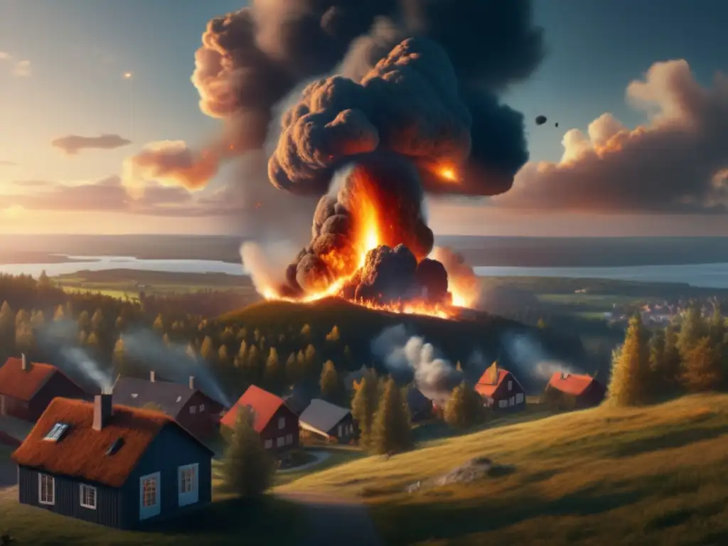 A photorealistic depiction of an asteroid's descent through the sky above a picturesque Scandinavian village