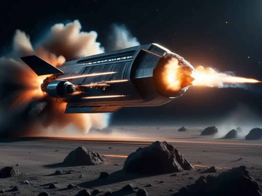 A photorealistic image of a spaceship's engines roaring, leaving a trail of smoke in the endless blackness of space