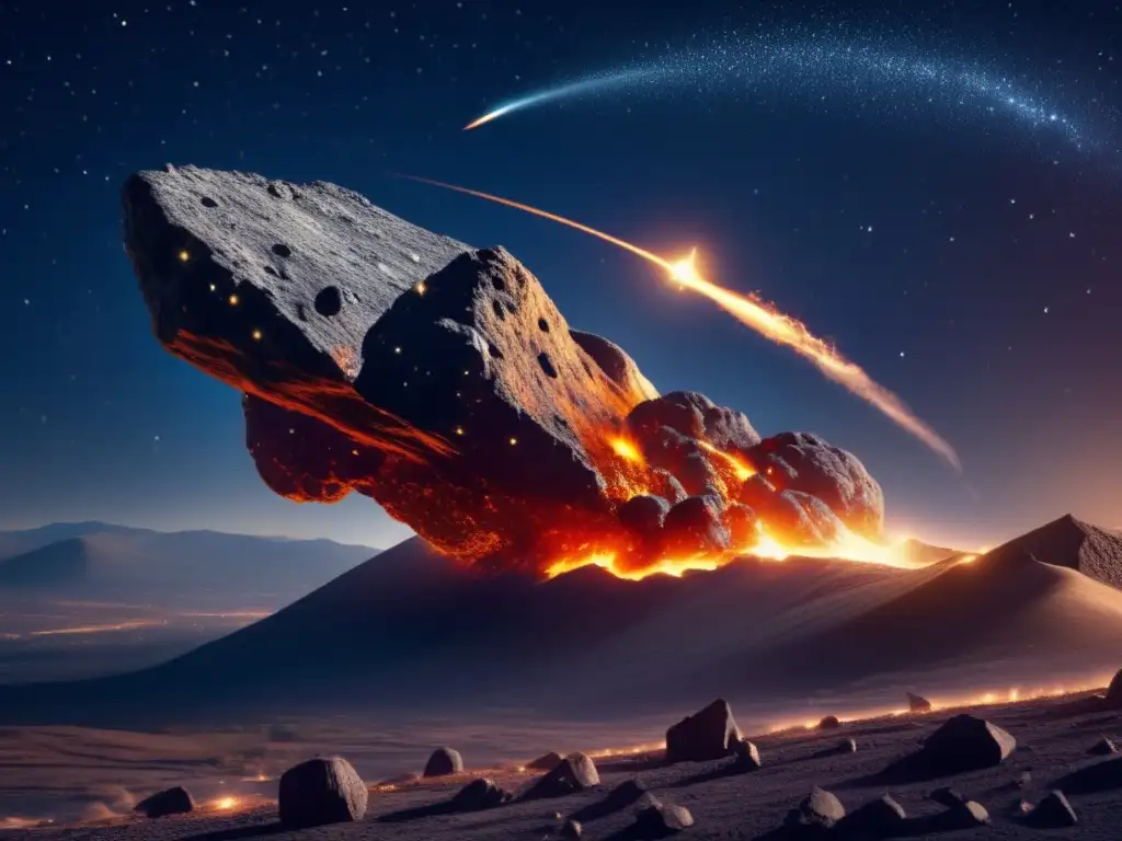 An impressive 8k photorealistic image of an asteroid illuminating the night sky, trail of fire and sparks, twinkling stars, and a crescent moon