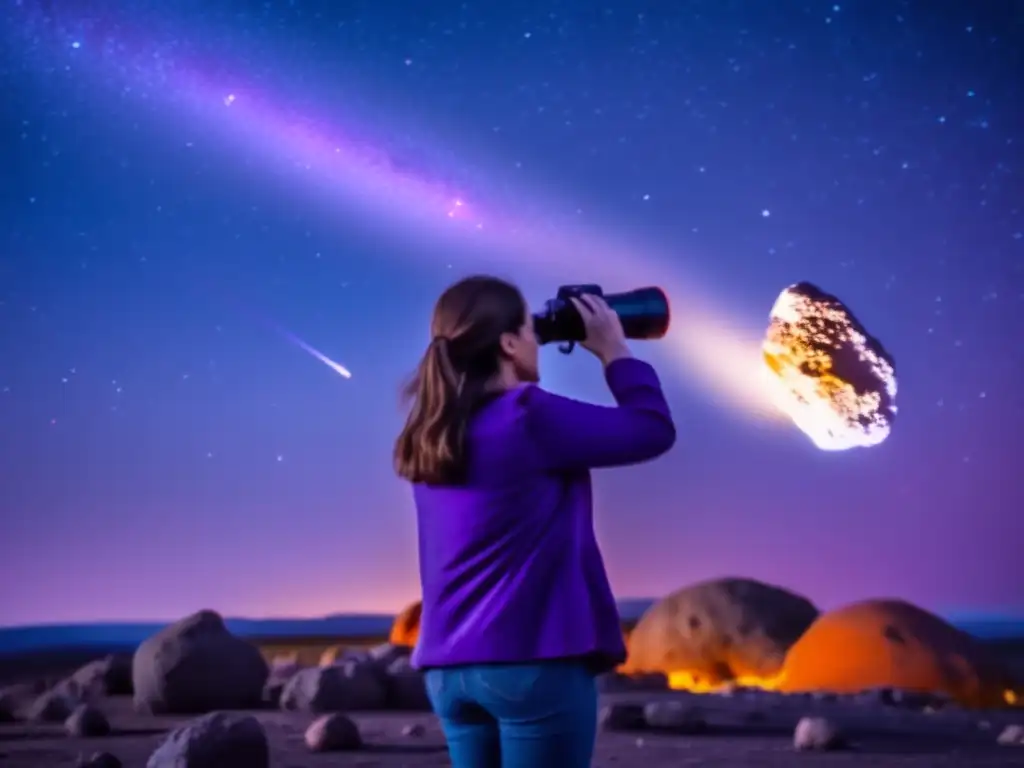 A woman stares intently at a luminous asteroid through binoculars, set against a canvas of twinkling stars in a vast, inky sky