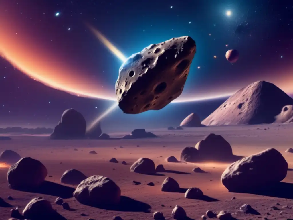 Photorealistic depiction of a large asteroid with a prominent crater, in stark contrast against a backdrop of smaller asteroids and a faint nebula